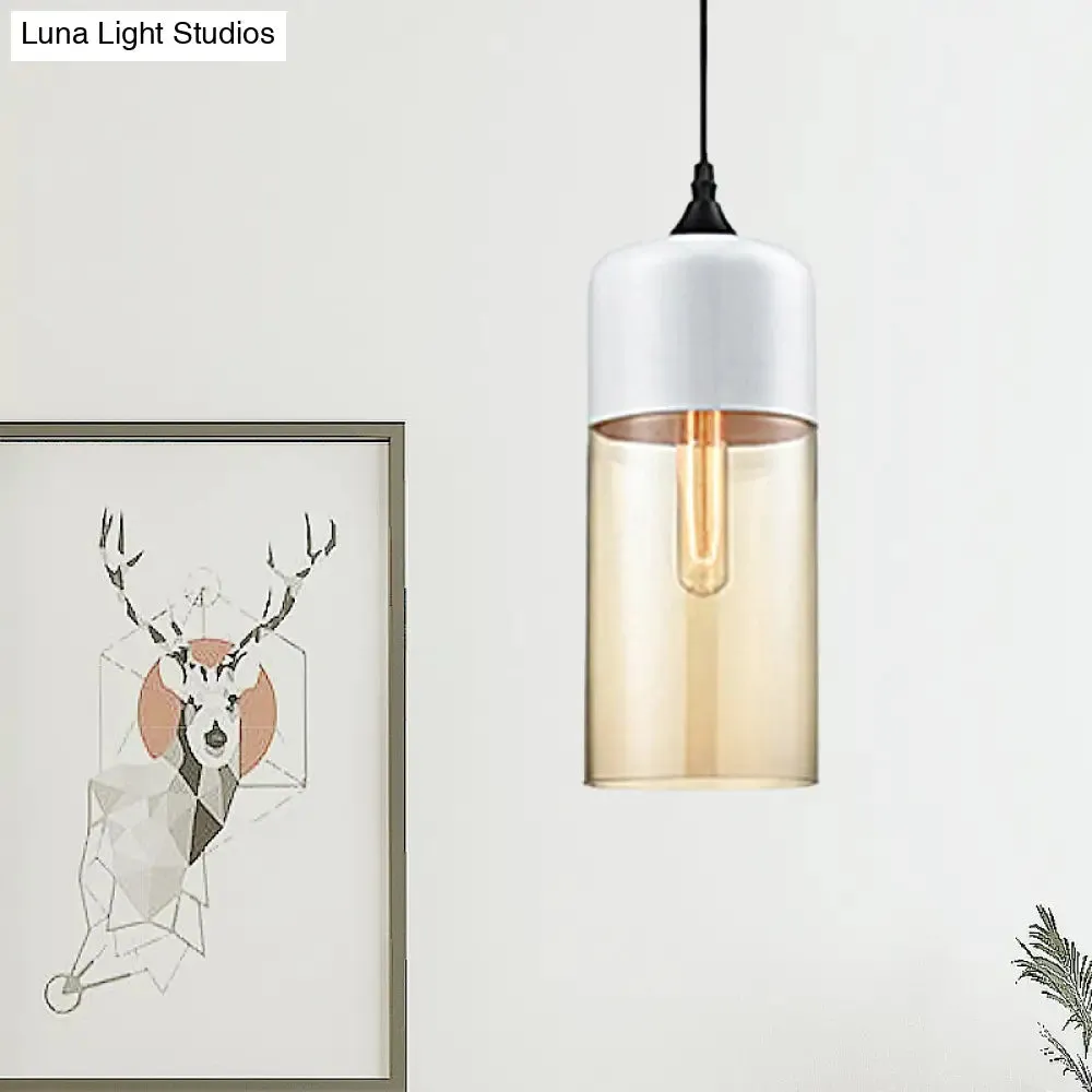 Modern 1-Light Drum/Cylinder/Jar Suspension Pendant – Clear/Yellow Glass – White/Black Fixture