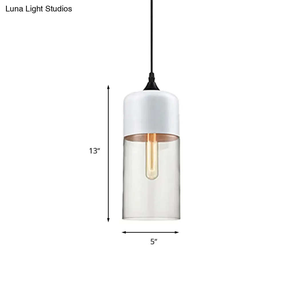 Modern 1-Light Drum/Cylinder/Jar Suspension Pendant – Clear/Yellow Glass – White/Black Fixture