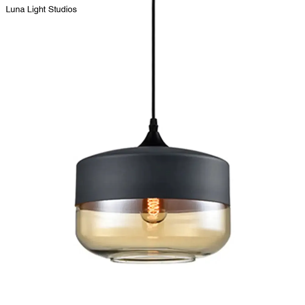 Modern 1-Light Drum/Cylinder/Jar Suspension Pendant – Clear/Yellow Glass – White/Black Fixture