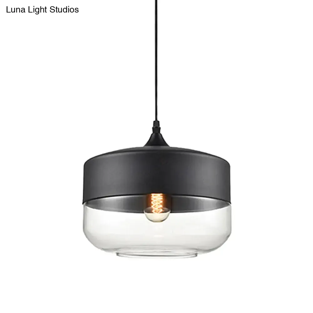 Modern 1-Light Drum/Cylinder/Jar Suspension Pendant – Clear/Yellow Glass – White/Black Fixture