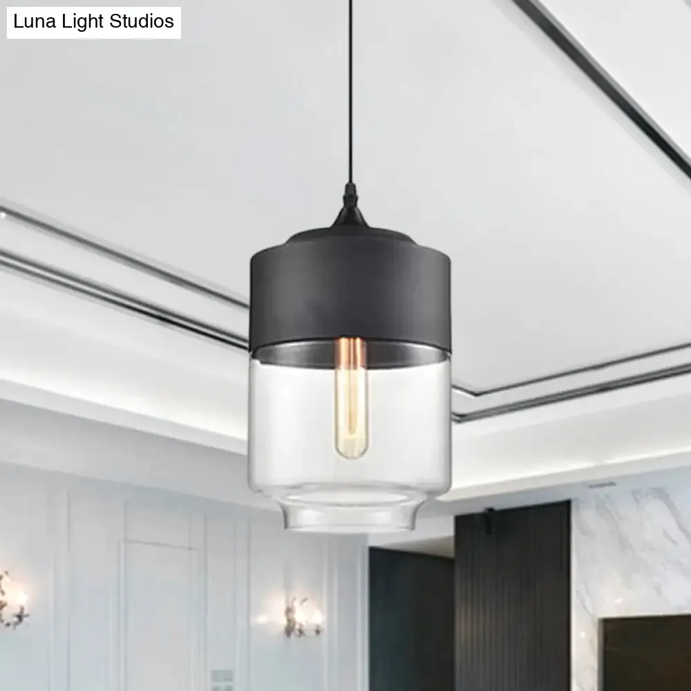 Modern 1-Light Drum/Cylinder/Jar Suspension Pendant – Clear/Yellow Glass – White/Black Fixture