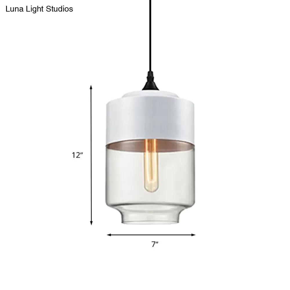 Modern 1-Light Drum/Cylinder/Jar Suspension Pendant – Clear/Yellow Glass – White/Black Fixture