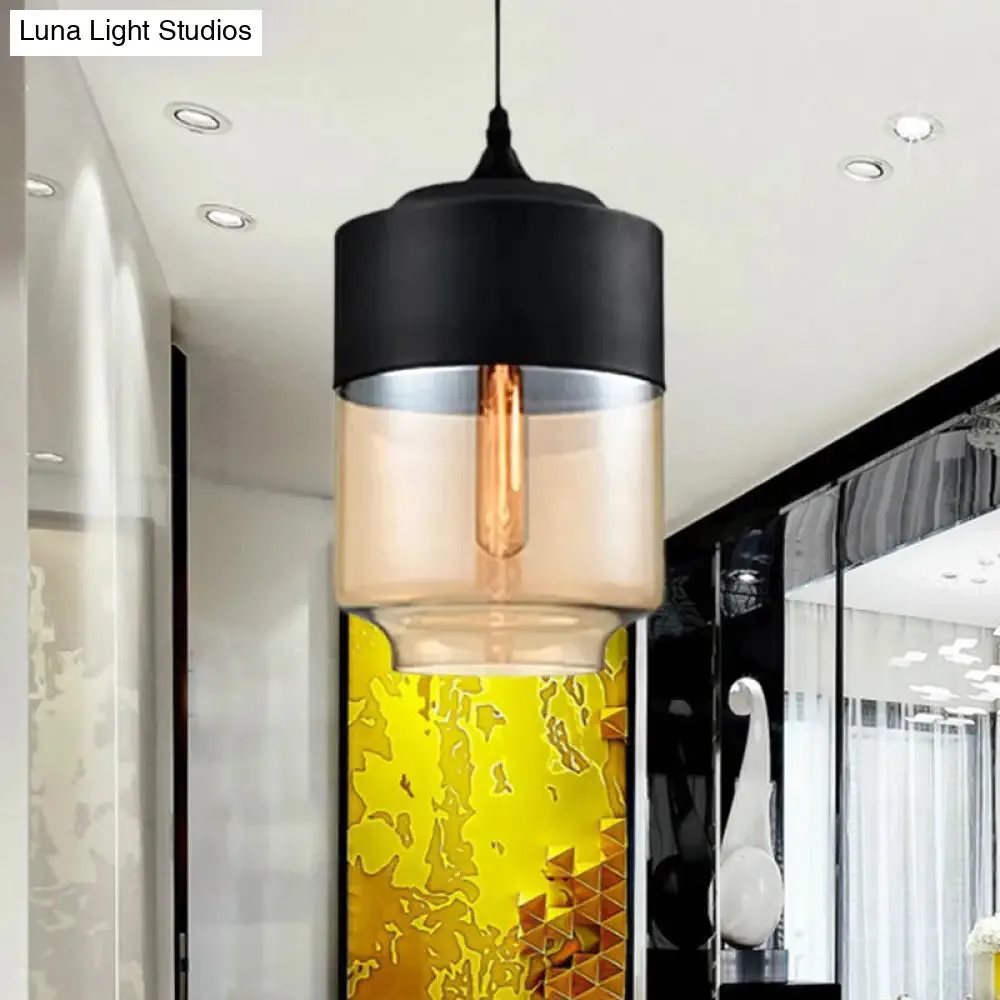 Modern 1-Light Drum/Cylinder/Jar Suspension Pendant – Clear/Yellow Glass – White/Black Fixture