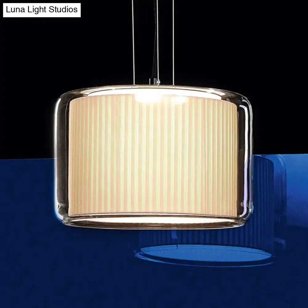 Modern Beige Fabric Drum Pendant Lamp with Glass Shade - 1 Light