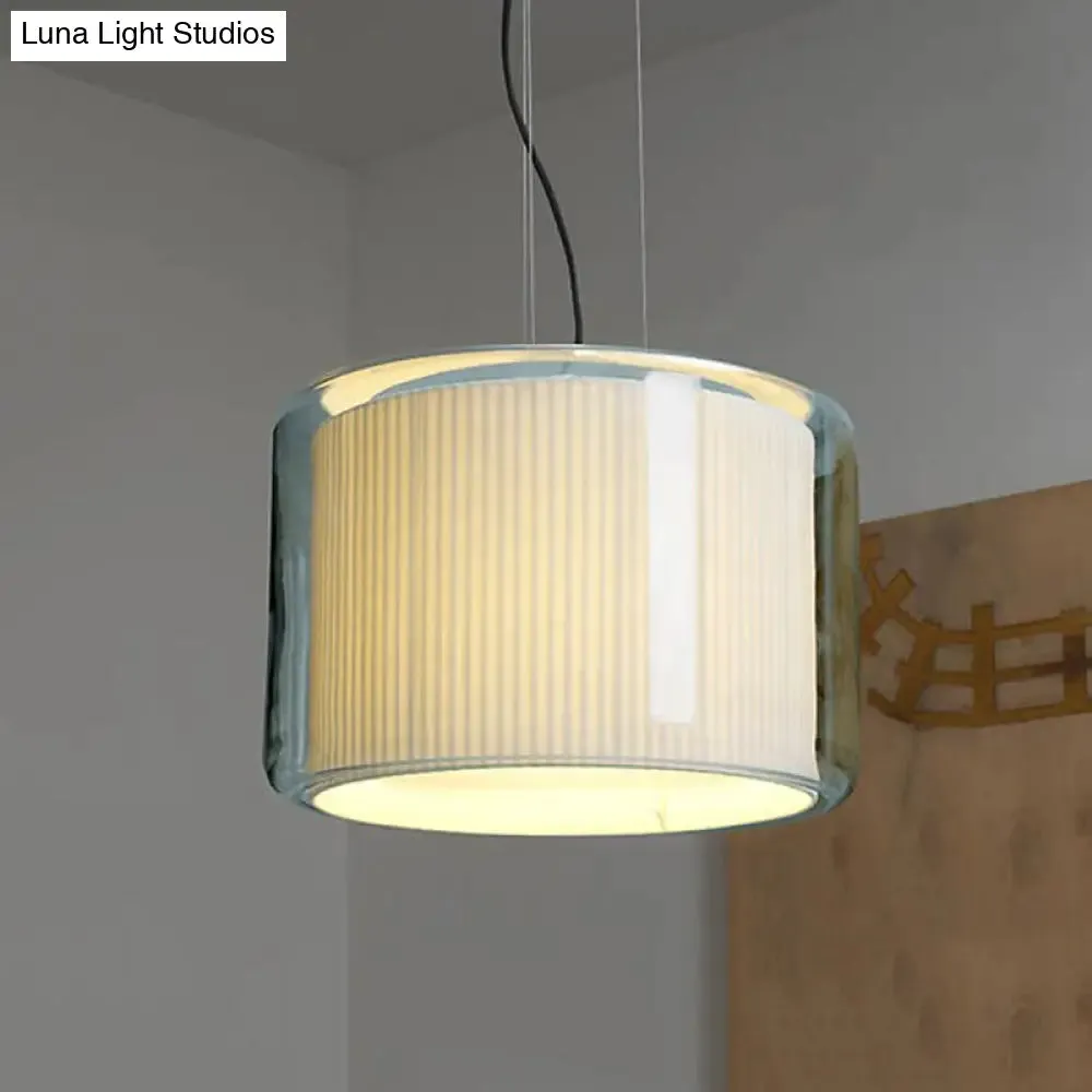 Modern Beige Fabric Drum Pendant Lamp with Glass Shade - 1 Light