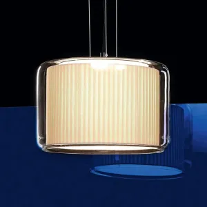 Modern Beige Fabric Drum Pendant Lamp with Glass Shade - 1 Light