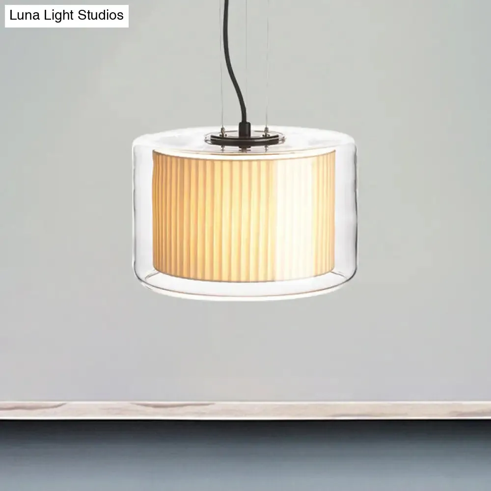 Modern Beige Fabric Drum Pendant Lamp with Glass Shade - 1 Light