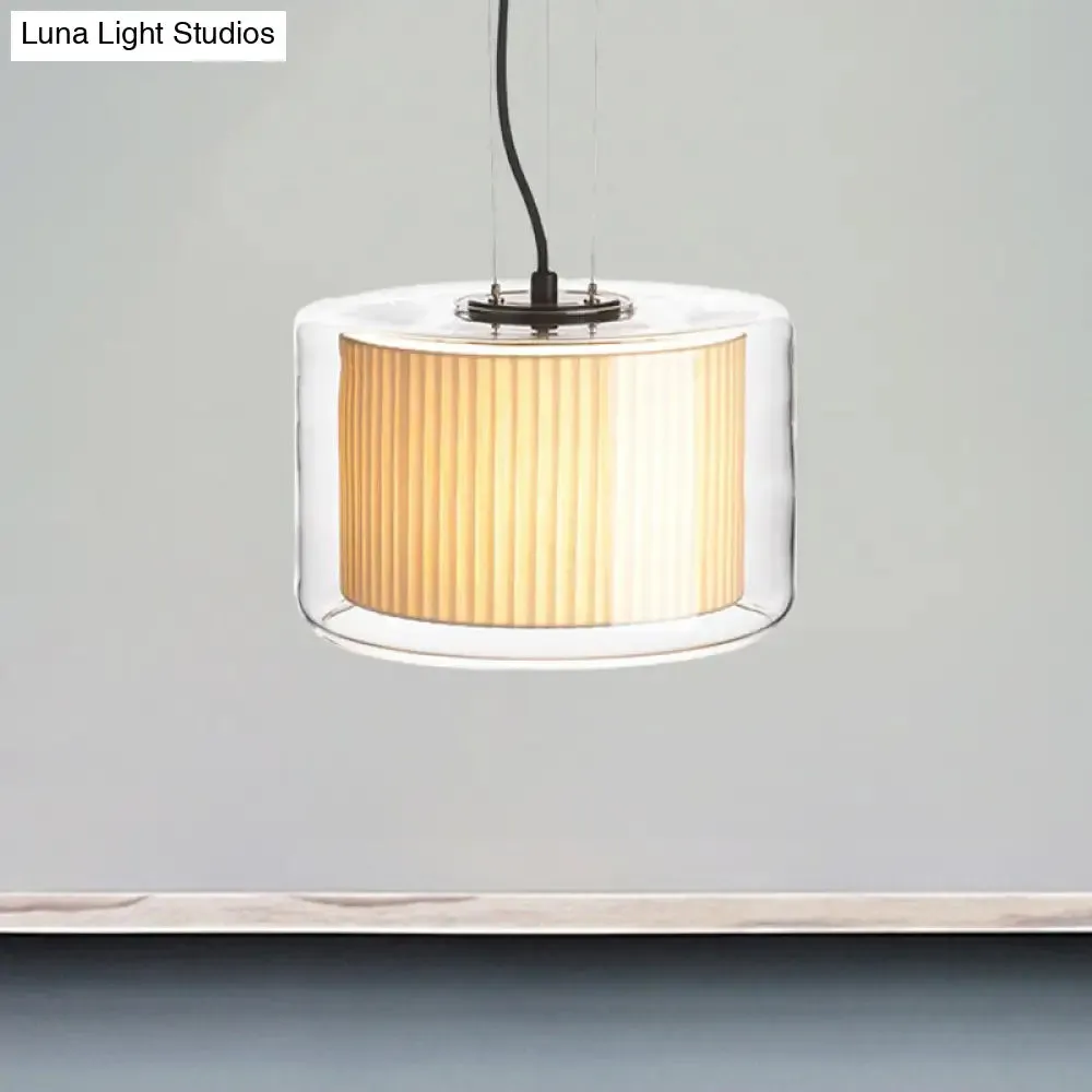 Modern Beige Fabric Drum Pendant Lamp with Glass Shade - 1 Light