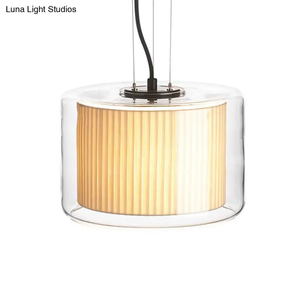 Modern Beige Fabric Drum Pendant Lamp with Glass Shade - 1 Light