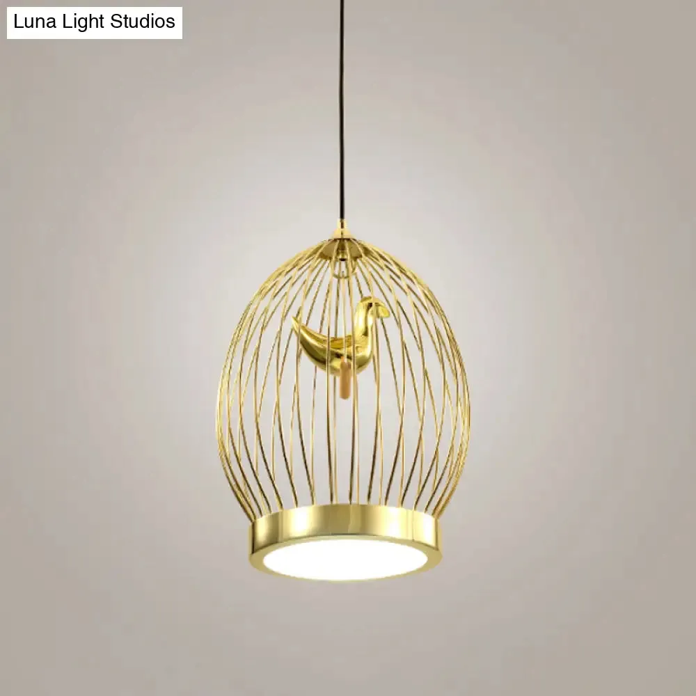 Modern Global Cage 1-Head Gold Finish Hanging Light with Bird Deco Pendant