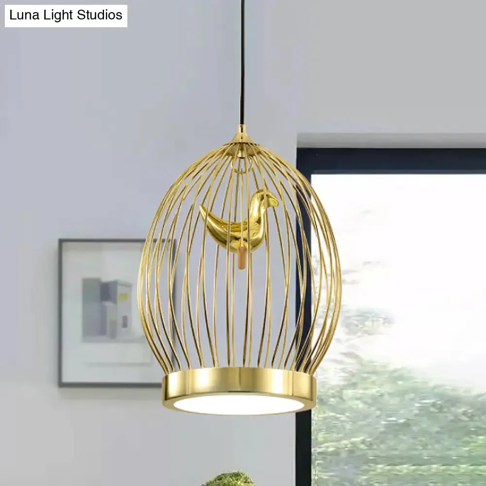 Modern Global Cage 1-Head Gold Finish Hanging Light with Bird Deco Pendant