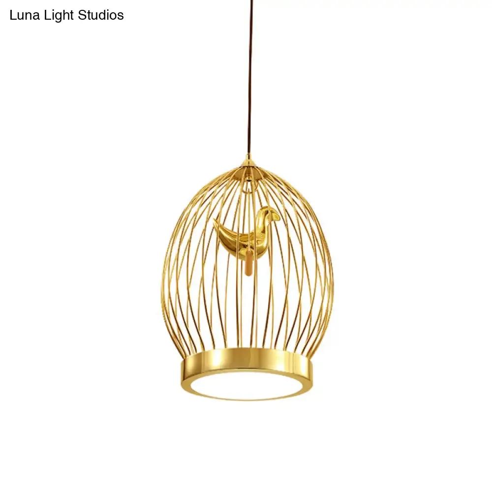 Modern Global Cage 1-Head Gold Finish Hanging Light with Bird Deco Pendant