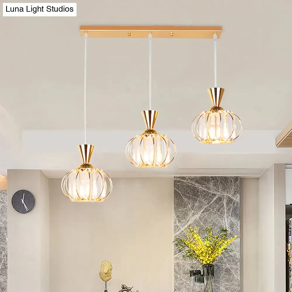 Modern Gold Oval Cage Suspension Light with Crystal Prisms - 3-Head Multi-Hanging Lamp