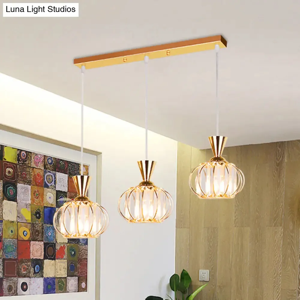 Modern Gold Oval Cage Suspension Light with Crystal Prisms - 3-Head Multi-Hanging Lamp