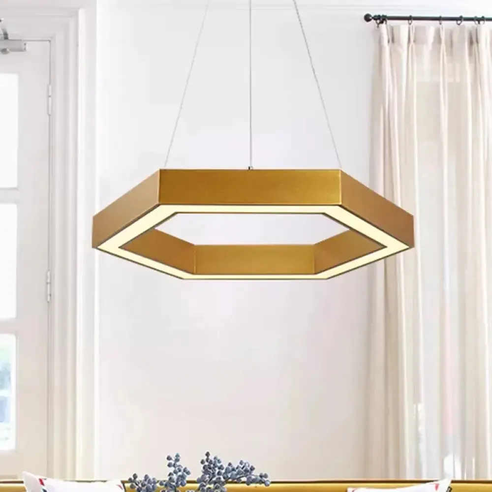 Modern Hexagon Metal Suspension Lamp - 16"/23.5"W LED Pendant Light - Gold Finish - Living Room Ceiling Hanging Fixture