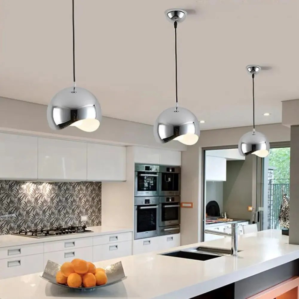 Modern Kitchen Pendant Light with Waveforms Dome Shade in Black/Chrome, 8"/12" Width