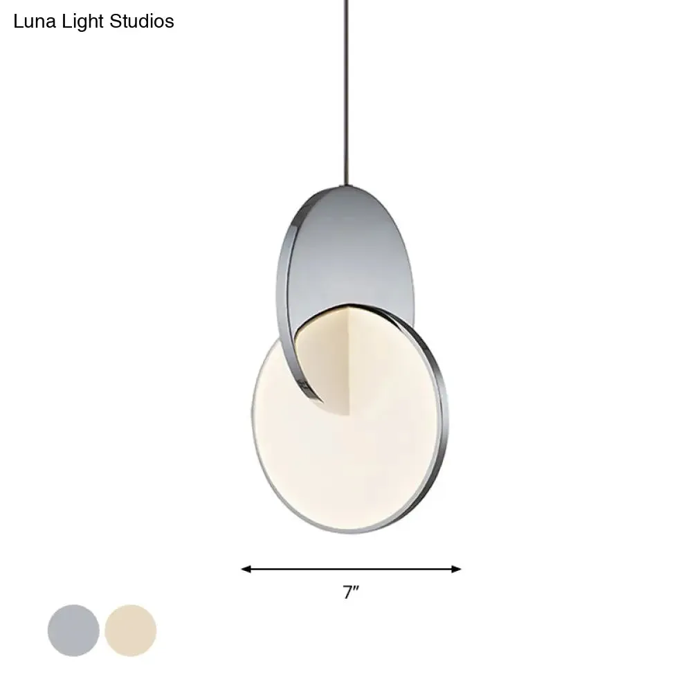 Modern LED Pendulum Light with Chrome/Gold Interlocked Discs & Acrylic Shade, 7"/10" Width