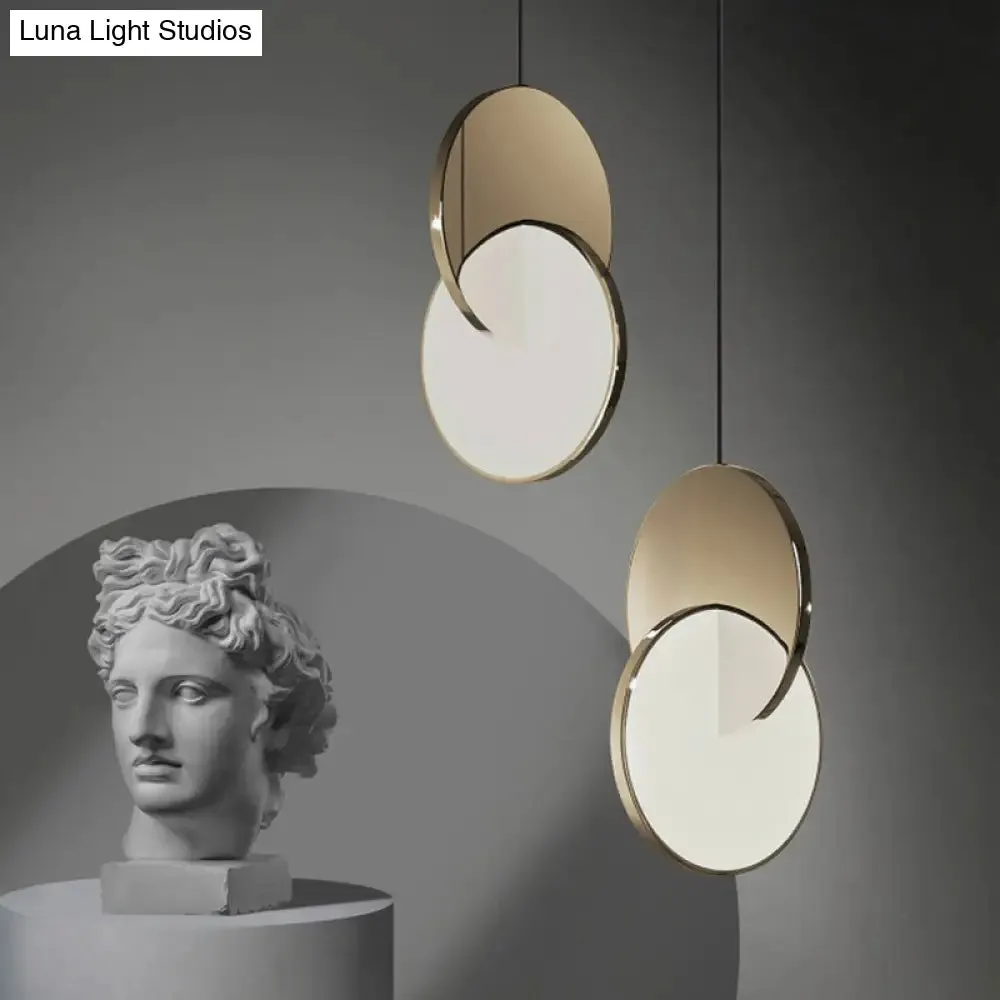 Modern LED Pendulum Light with Chrome/Gold Interlocked Discs & Acrylic Shade, 7"/10" Width