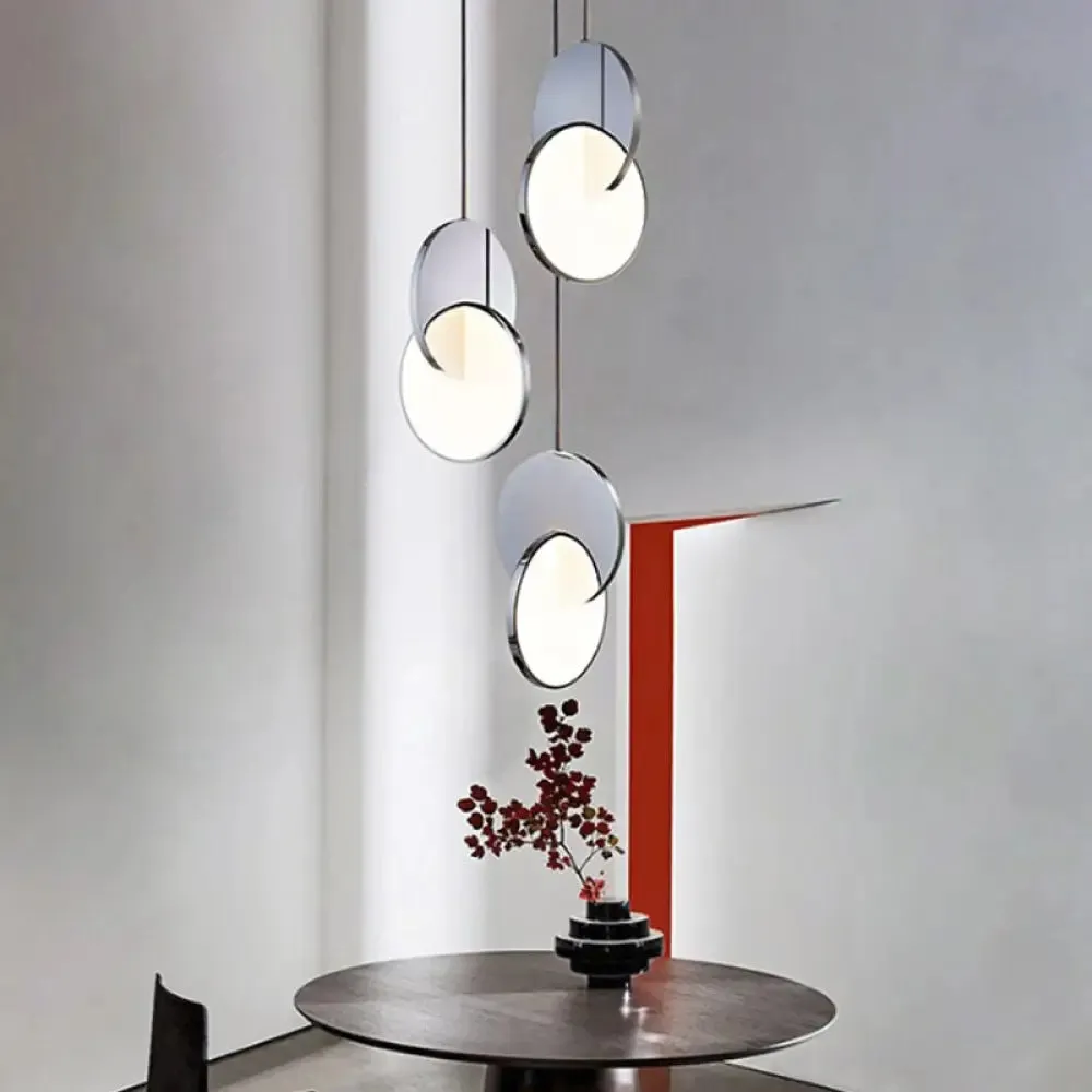 Modern LED Pendulum Light with Chrome/Gold Interlocked Discs & Acrylic Shade, 7"/10" Width