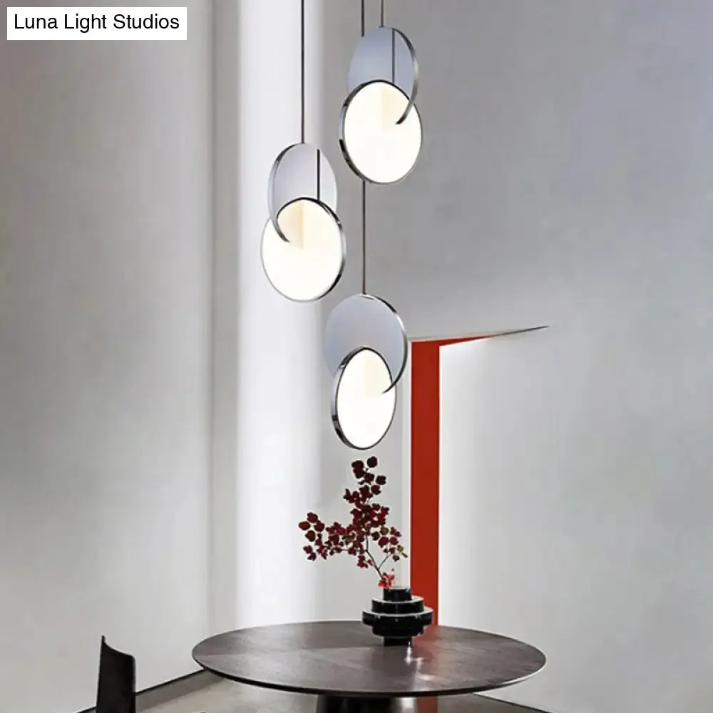 Modern LED Pendulum Light with Chrome/Gold Interlocked Discs & Acrylic Shade, 7"/10" Width