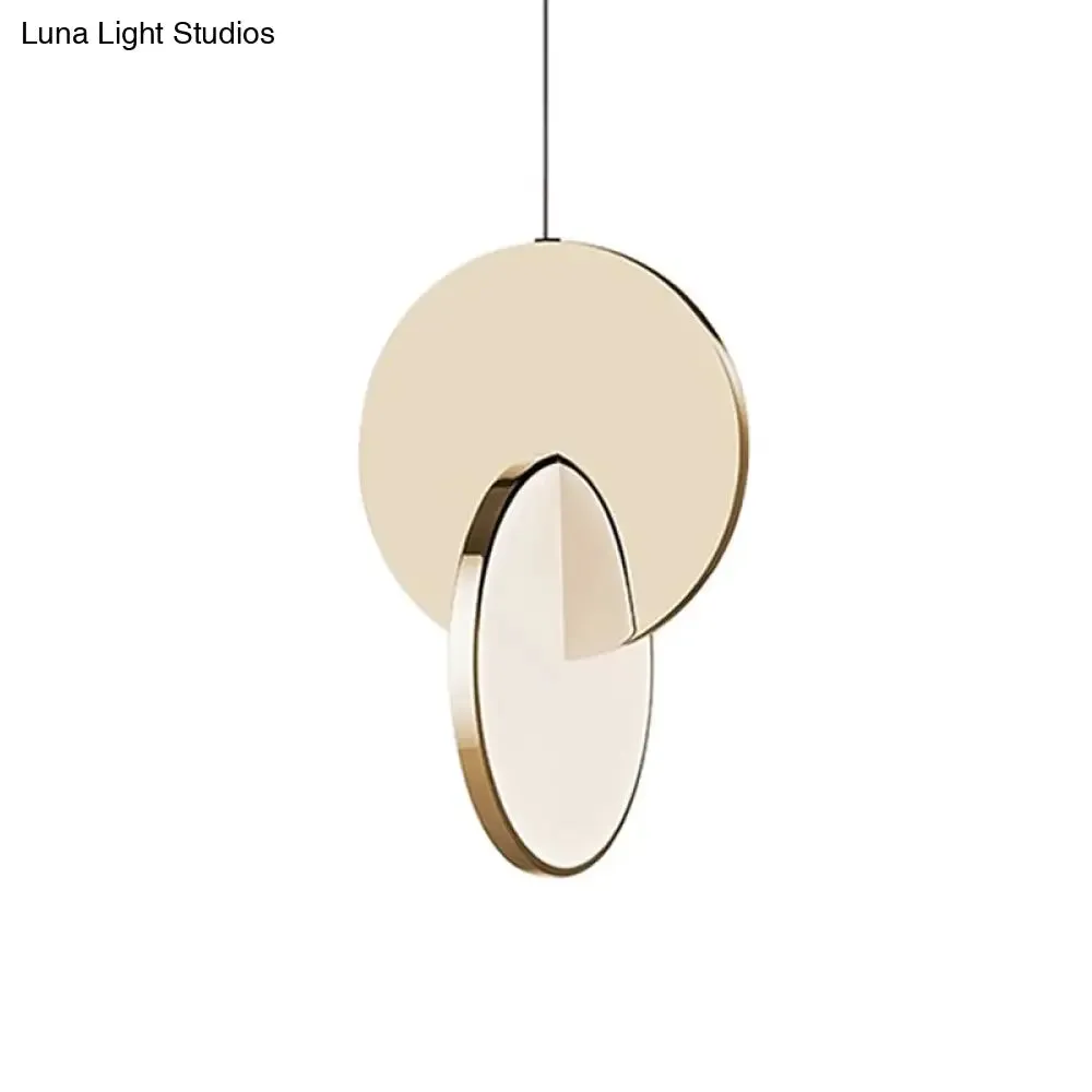 Modern LED Pendulum Light with Chrome/Gold Interlocked Discs & Acrylic Shade, 7"/10" Width