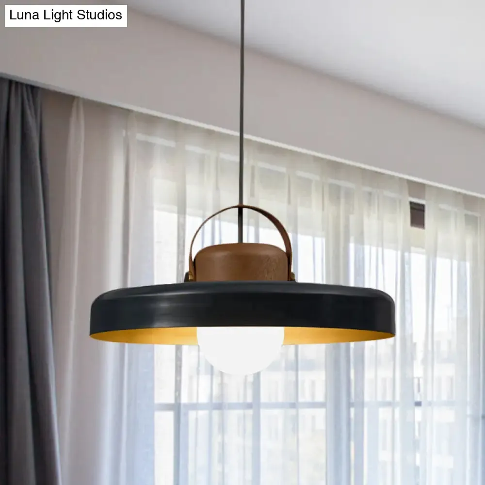 Modern Metal Flat Ceiling Light - 1 Head Black Down Lighting Pendant with Wooden Cap