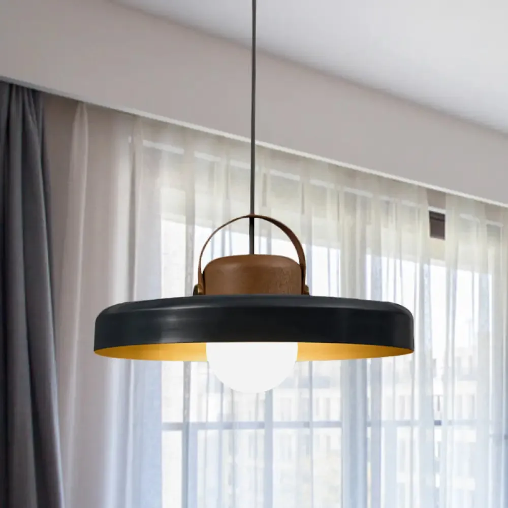 Modern Metal Flat Ceiling Light - 1 Head Black Down Lighting Pendant with Wooden Cap