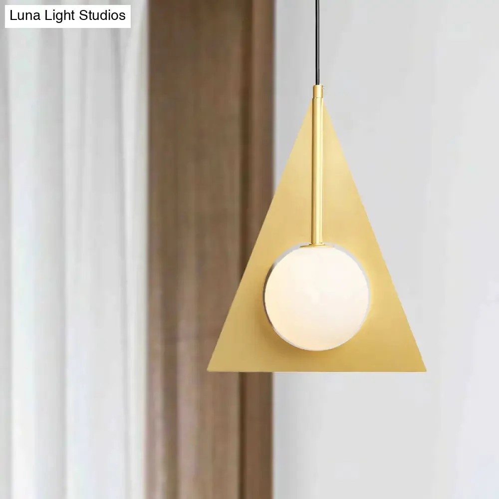 Modern Metal Triangle Ceiling Pendant Light with Globe White Glass Shade - Gold Hanging Lamp Kit