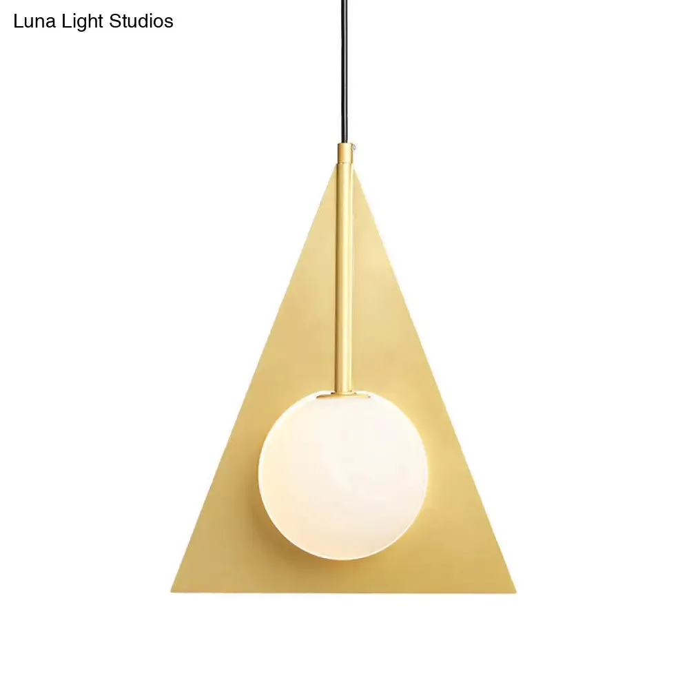 Modern Metal Triangle Ceiling Pendant Light with Globe White Glass Shade - Gold Hanging Lamp Kit