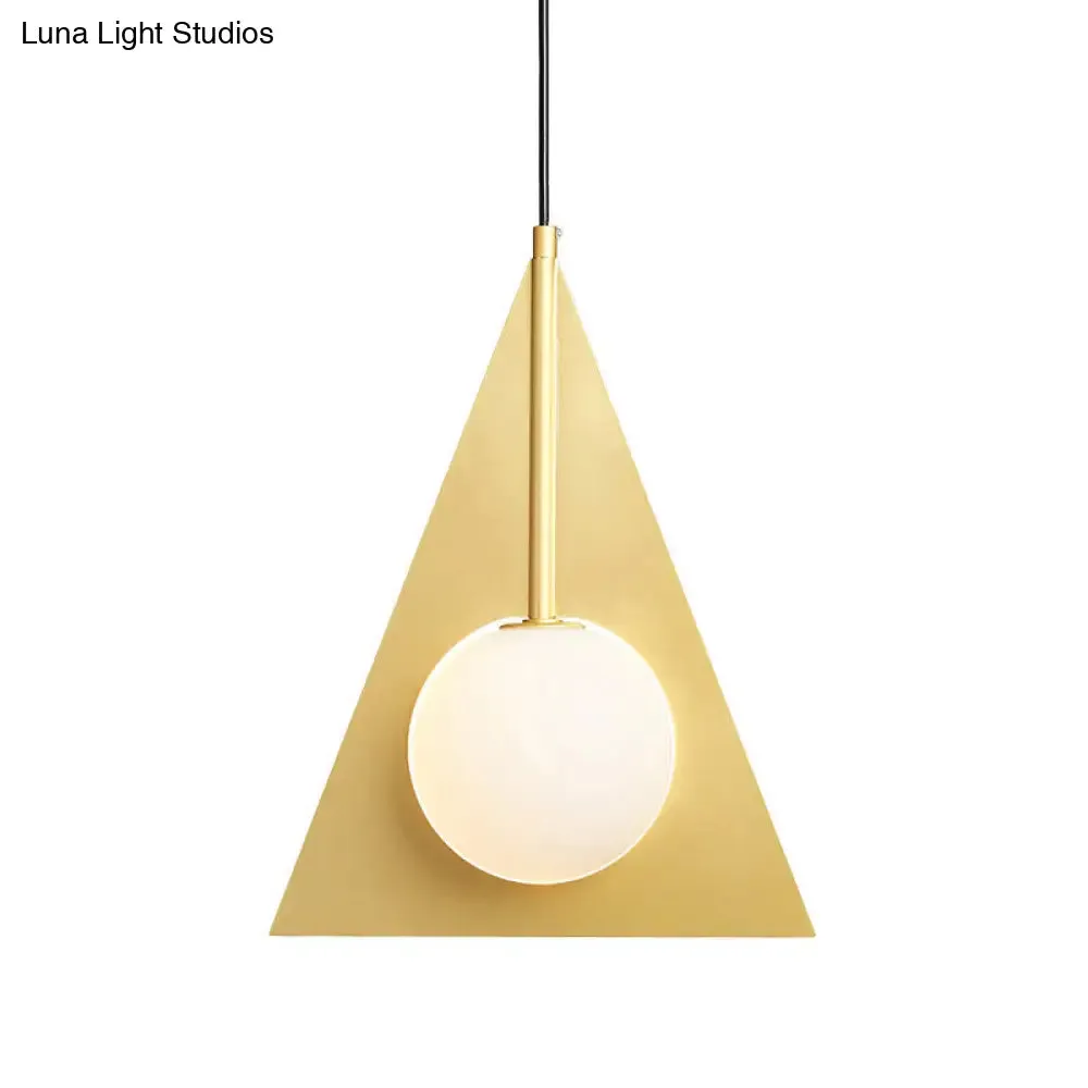 Modern Metal Triangle Ceiling Pendant Light with Globe White Glass Shade - Gold Hanging Lamp Kit