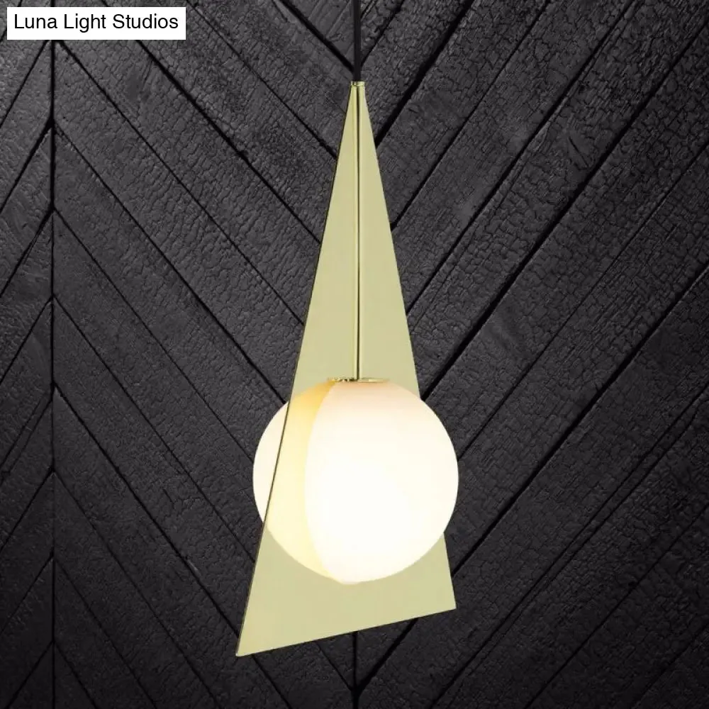 Modern Metal Triangle Ceiling Pendant Light with Globe White Glass Shade - Gold Hanging Lamp Kit