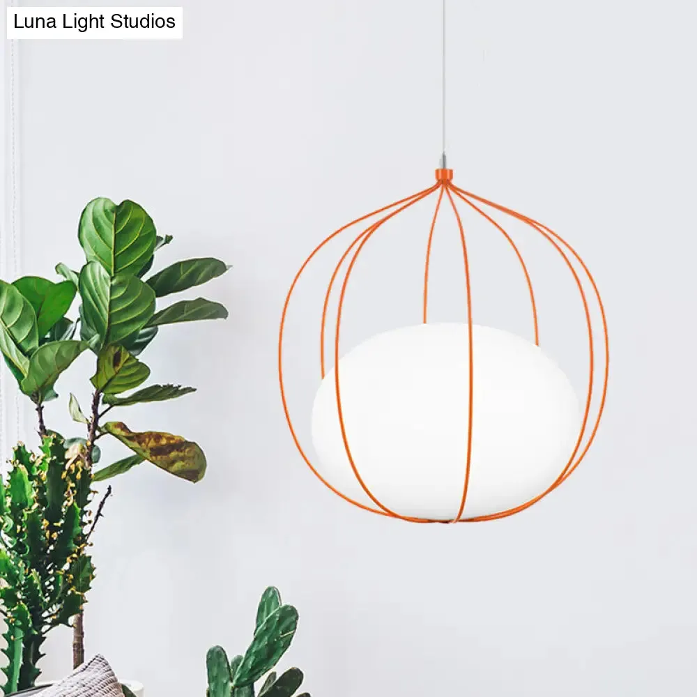 Modern Pendant Light: Egg Milk Glass Suspension with Melon Wire Frame - Ideal for Offices