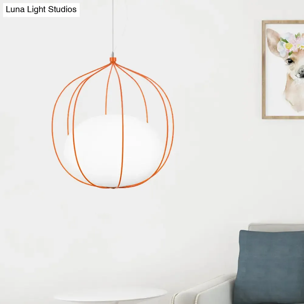 Modern Pendant Light: Egg Milk Glass Suspension with Melon Wire Frame - Ideal for Offices