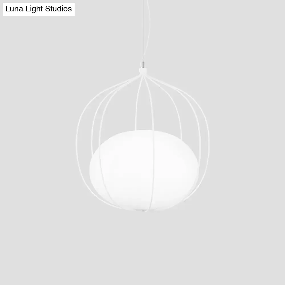 Modern Pendant Light: Egg Milk Glass Suspension with Melon Wire Frame - Ideal for Offices