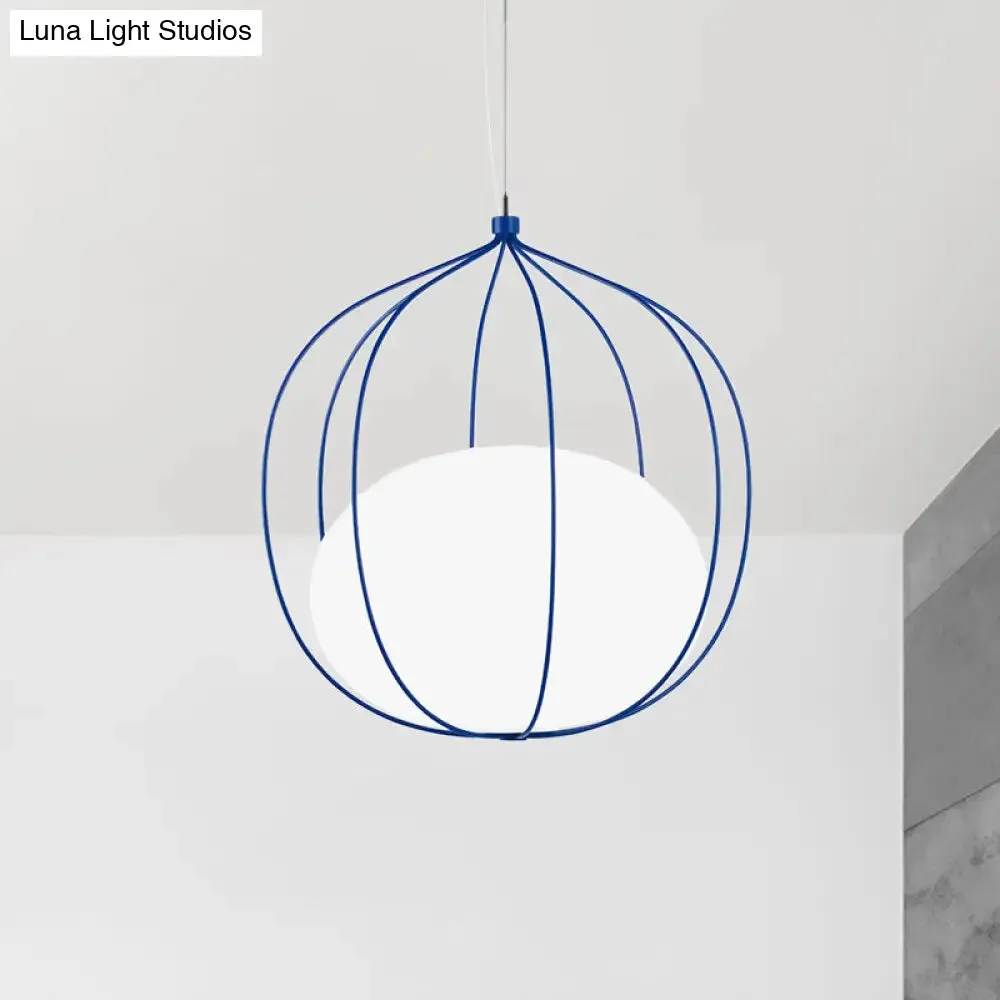 Modern Pendant Light: Egg Milk Glass Suspension with Melon Wire Frame - Ideal for Offices