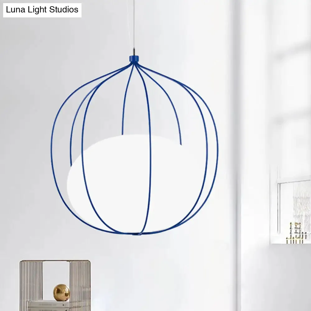 Modern Pendant Light: Egg Milk Glass Suspension with Melon Wire Frame - Ideal for Offices