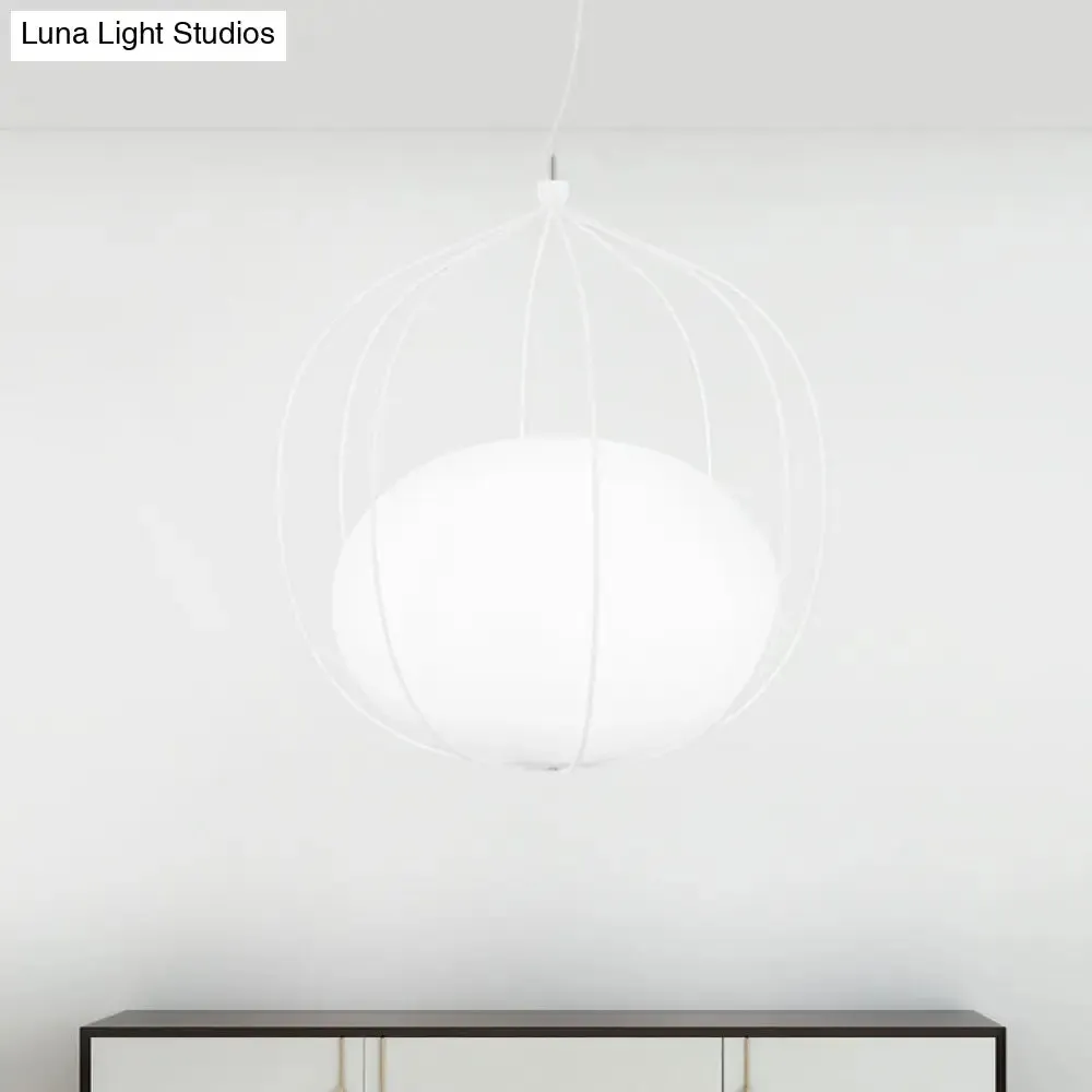 Modern Pendant Light: Egg Milk Glass Suspension with Melon Wire Frame - Ideal for Offices