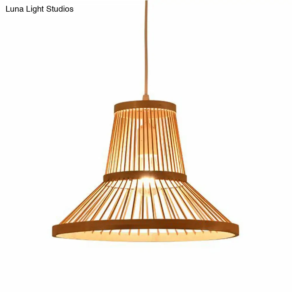 Modern Wood Pendant Lamp with Bamboo Cone Shade for Living Room