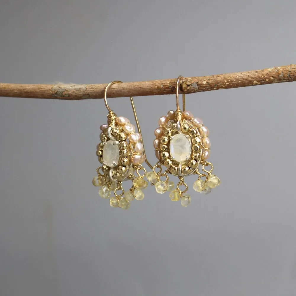 Moonstone Pearl Citrine Cherkes Earrings