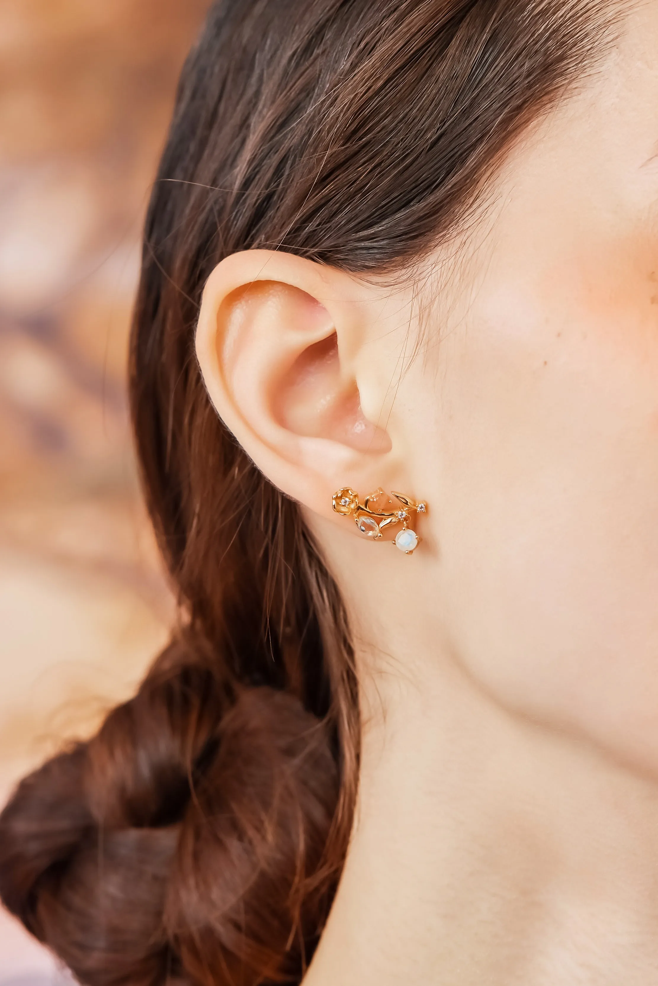 Moonstone, Sunstone, Blue Topaz Gold Asymmetrical Earrings - Lily of the Valley