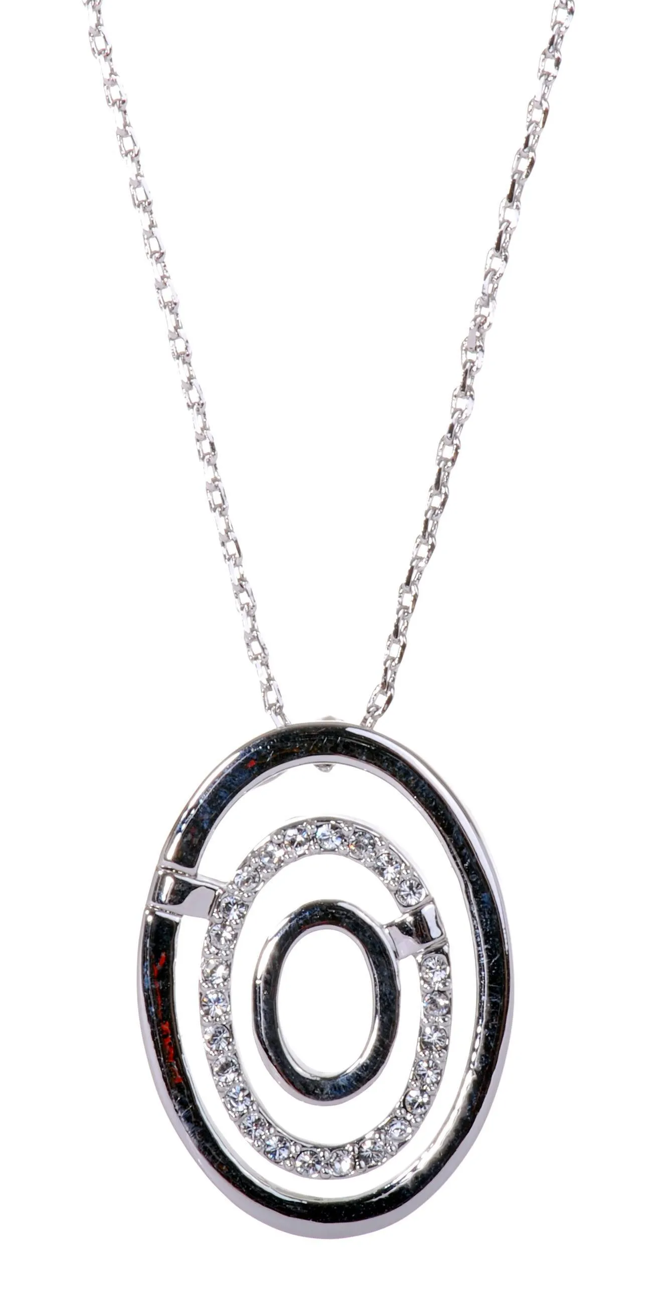 N7139 Rhodium Swarovski Triple Oval Pendant Necklace Crystal