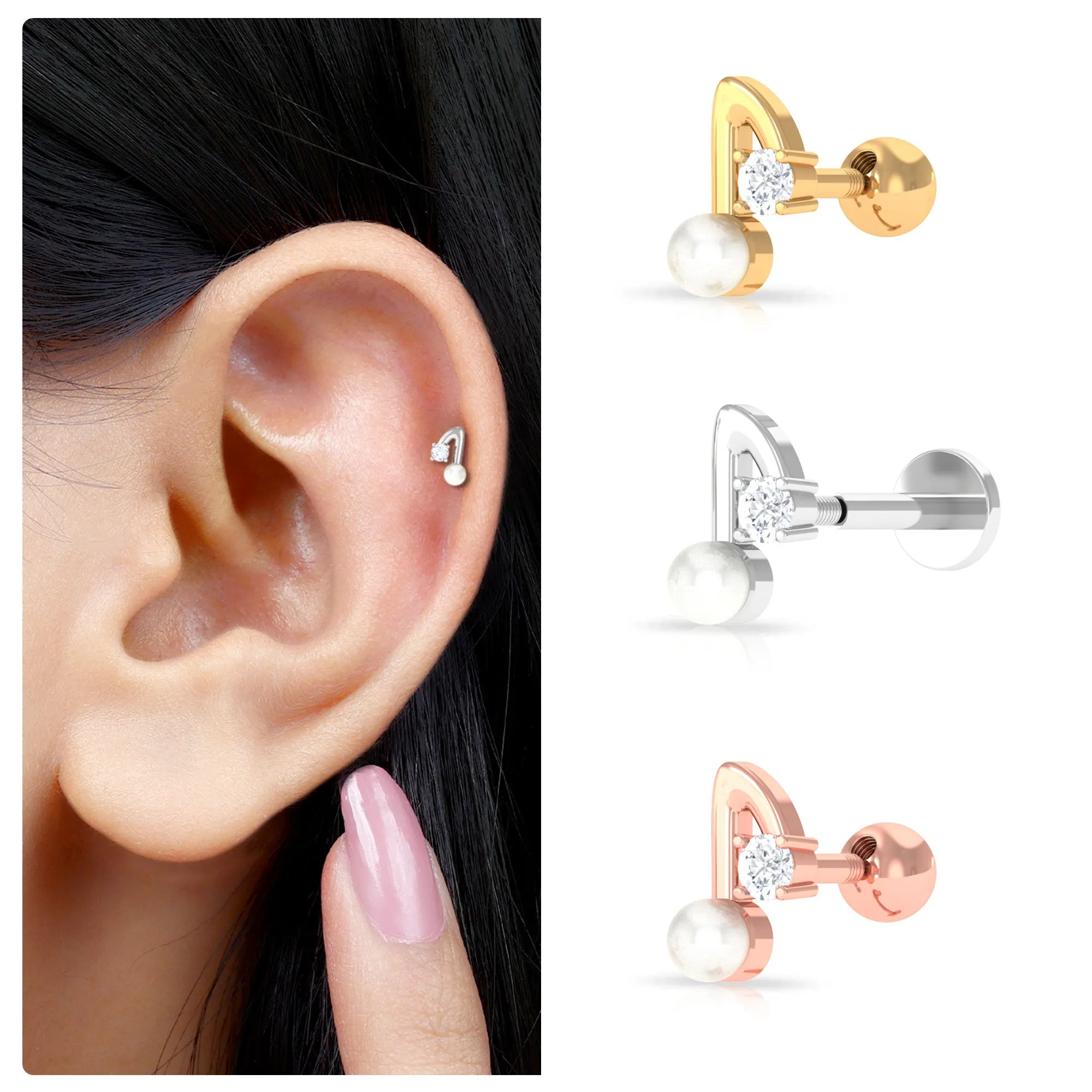 Natural Freshwater Pearl Music Note Helix Earring with Diamond