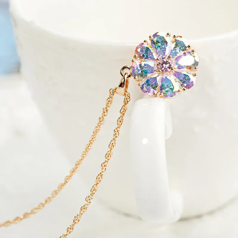 New Arrival Shining Rainbow Flower Cubic Zircon Pendant Necklace for Women Girl's Jewelry Gift