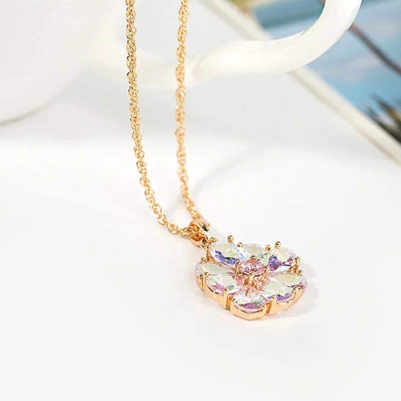 New Arrival Shining Rainbow Flower Cubic Zircon Pendant Necklace for Women Girl's Jewelry Gift