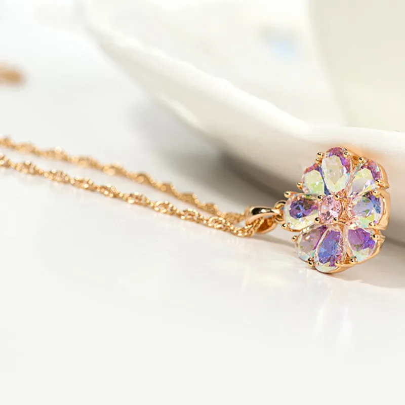 New Arrival Shining Rainbow Flower Cubic Zircon Pendant Necklace for Women Girl's Jewelry Gift