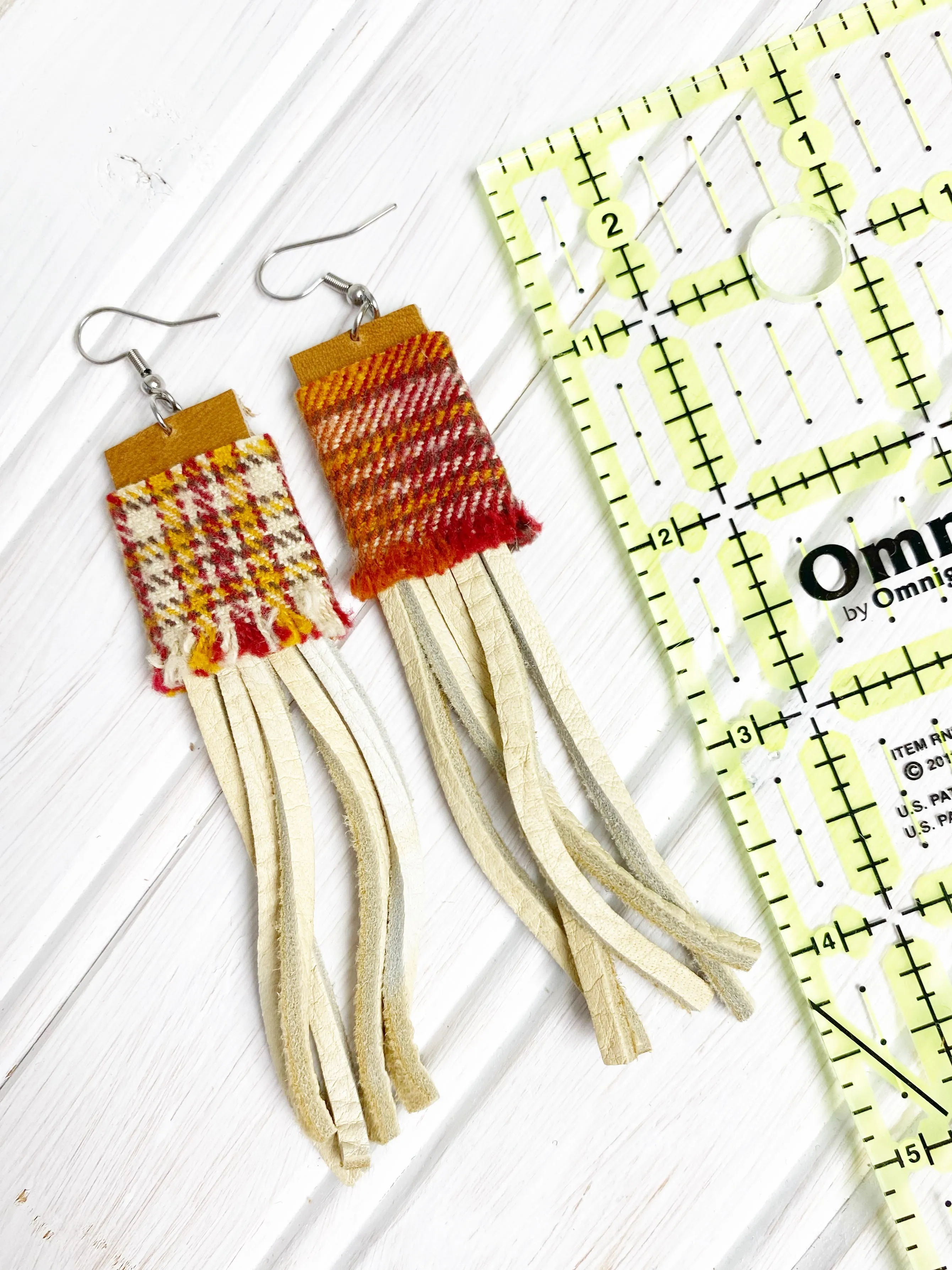 NEW! Eco Friendly Flannel Plaid and Leather Fringe Earrings, Upcycled Earrings, Gift for Her