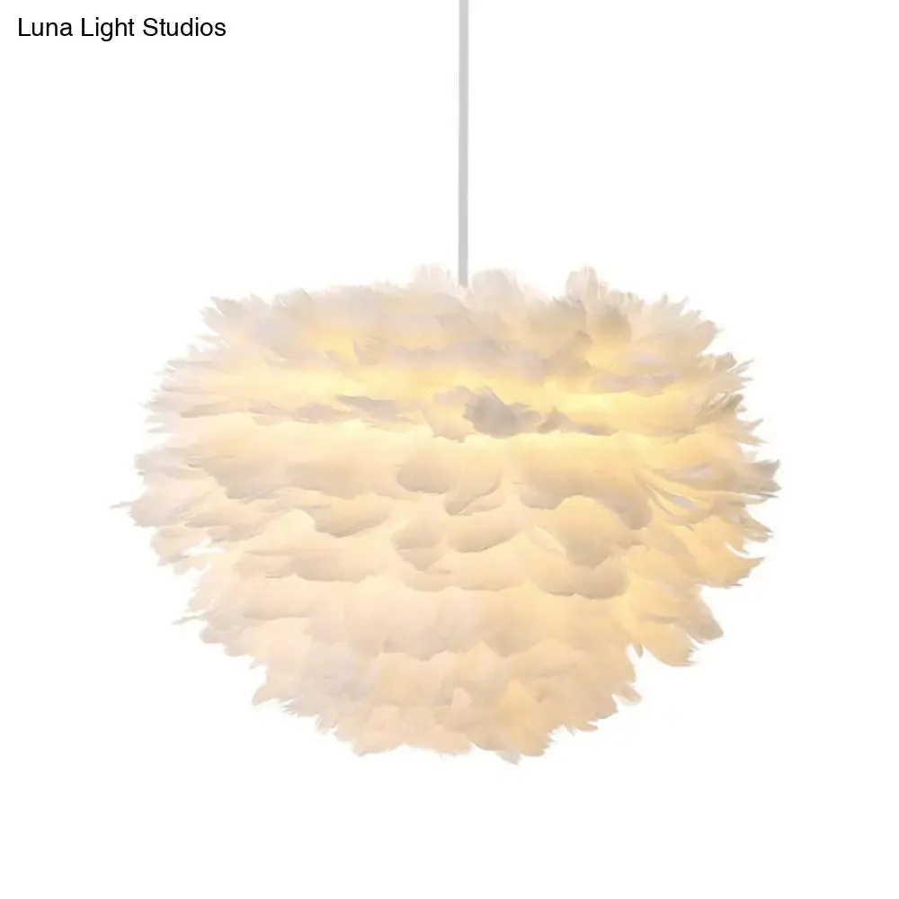 Nordic Style Feather Round Pendant Ceiling Light in White - Single-Bulb Suspension Lighting