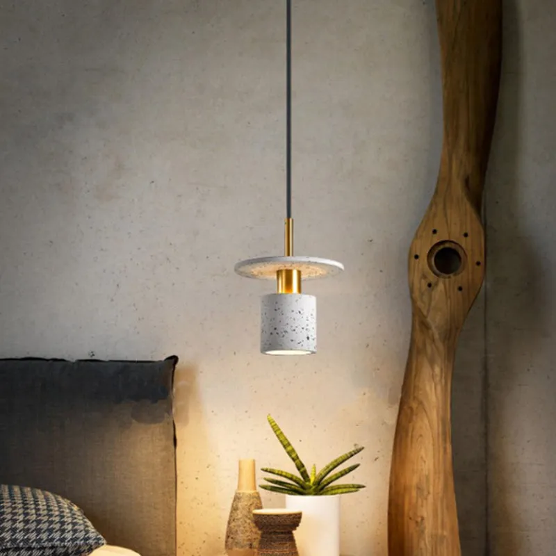 Nordic Style Terrazzo Pendant Light for Restaurants - Cylinder & Disc Suspension Fixture