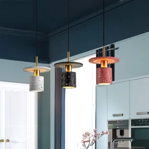 Nordic Style Terrazzo Pendant Light for Restaurants - Cylinder & Disc Suspension Fixture