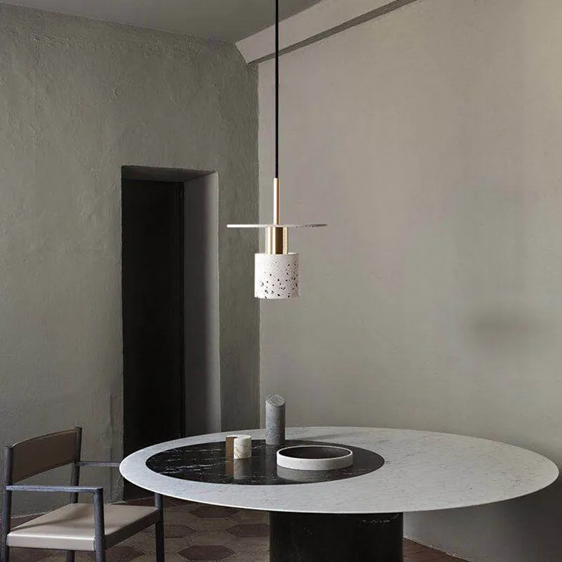 Nordic Style Terrazzo Pendant Light for Restaurants - Cylinder & Disc Suspension Fixture